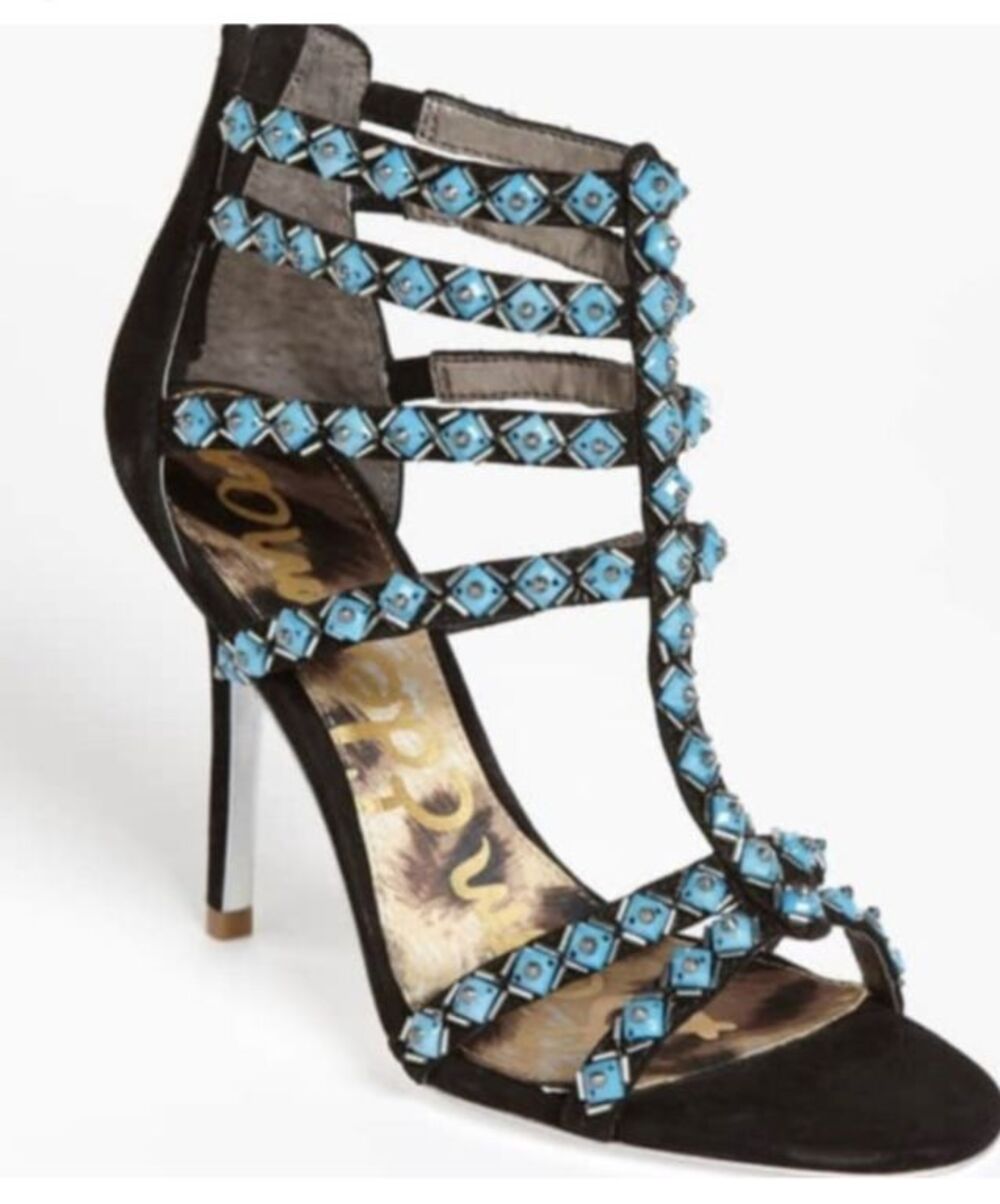 Sam Edelman Alina Strappy Caged Sandals Black Suede Beaded Turquoise/Silver 6.5